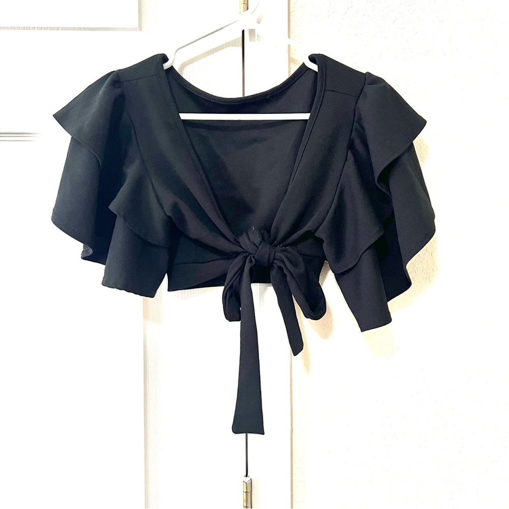 Arabella Elegant Black Ruffle Tie Crop Top - Medium